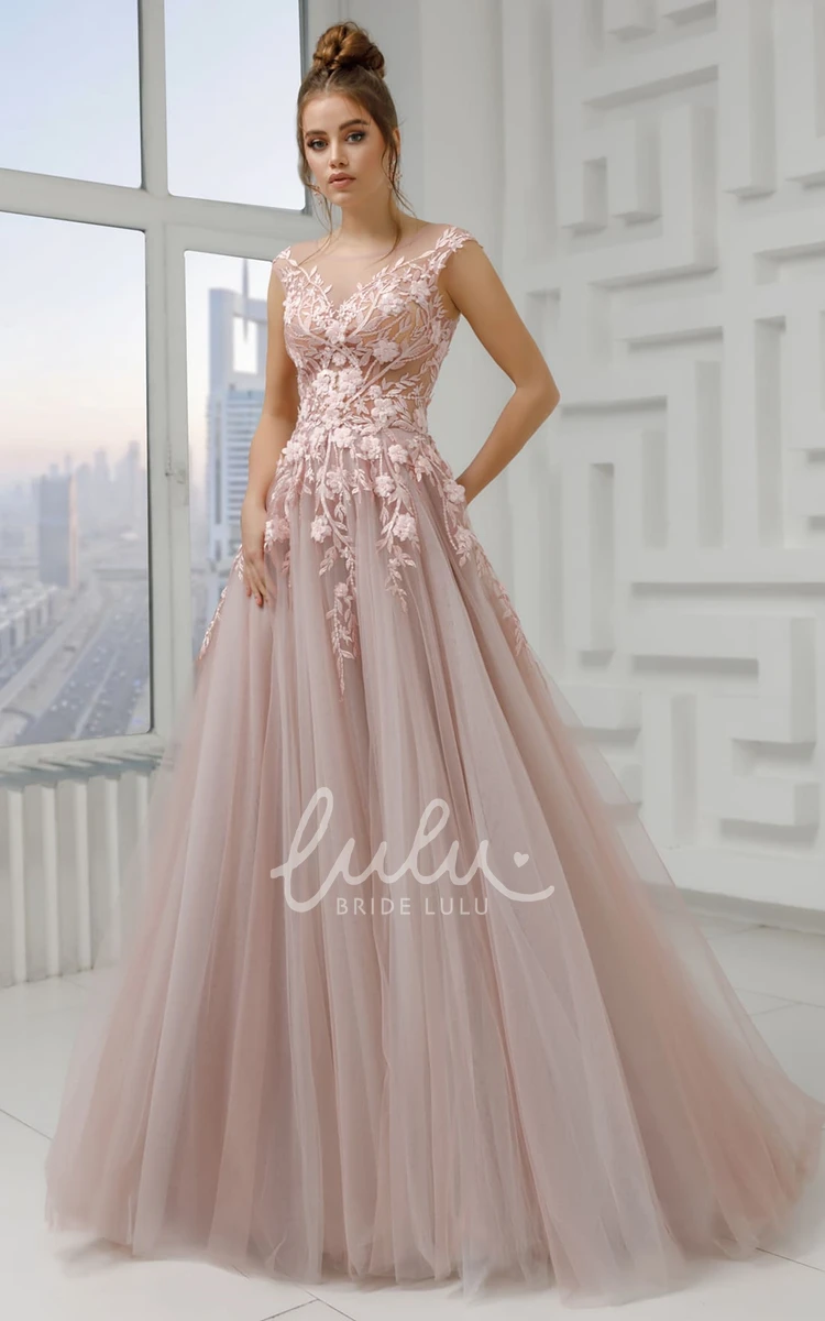 Ball Gown Lace and Tulle V-neck Prom Dress with Appliques Romantic Formal Dress