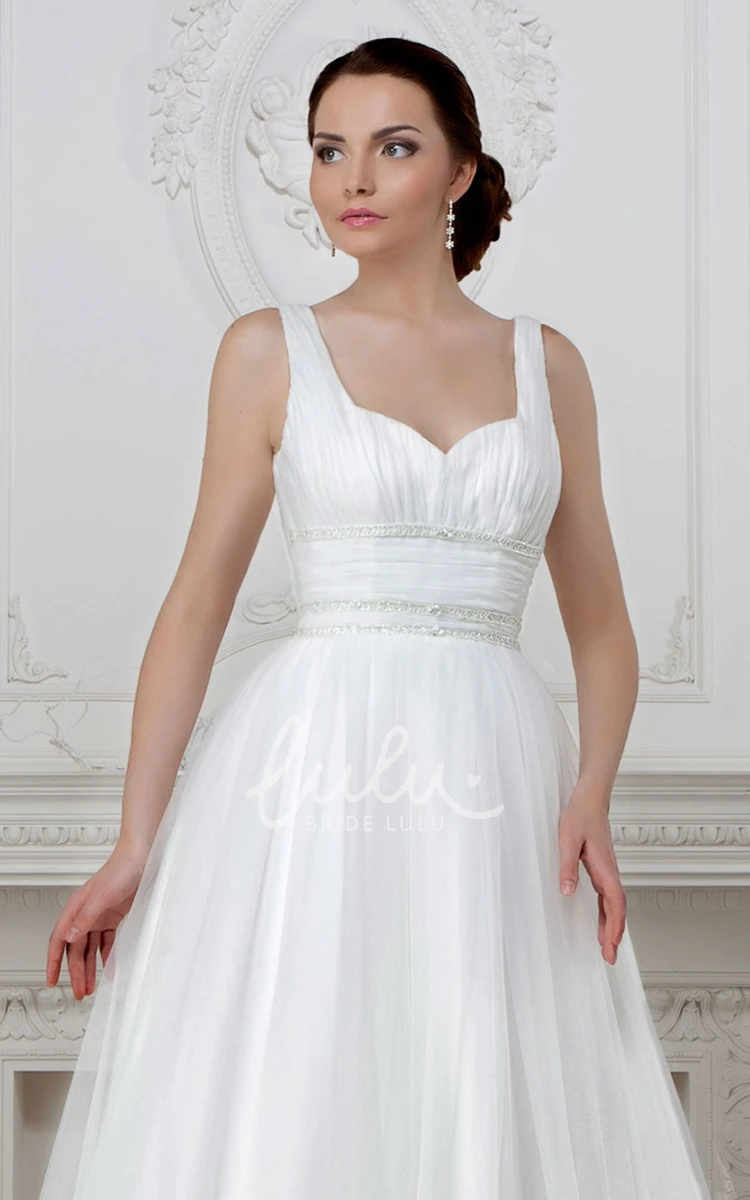 Floor-Length A-Line Tulle&Satin Wedding Dress with Beading Simple and Classy Bridal Gown