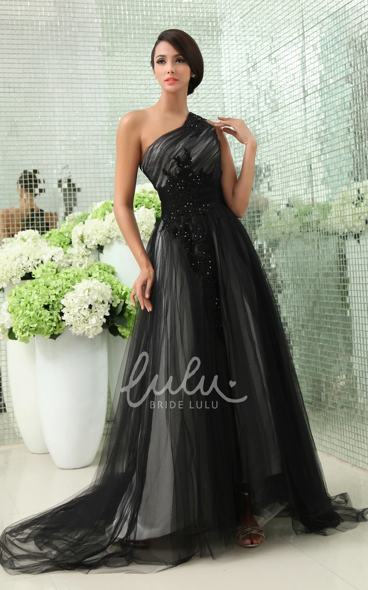 Tulle One-Shoulder Evening Dress with Appliques and Side Zipper