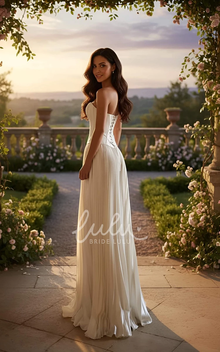 A-Line Boho Strapless Flowy Pleated Wedding Dress Vintage Corset Embroidered Bodice Bridal Gown