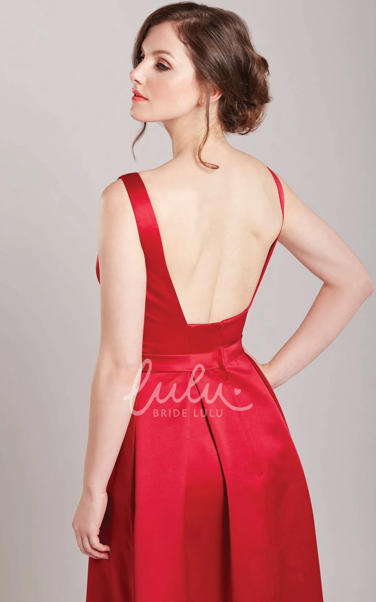 Satin Ribboned Bridesmaid Dress Low-V Back Scoop Neck Dress