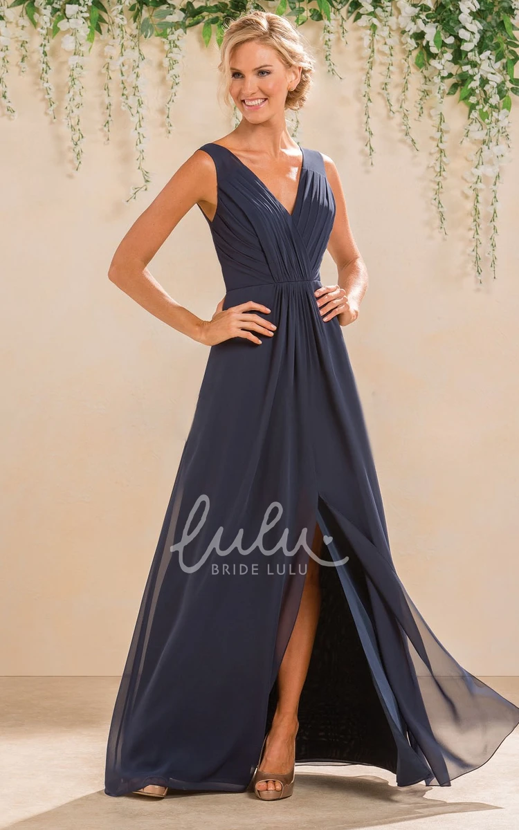 V-Neck Sleeveless A-Line Gown with Front Slit and V-Back Modern Bridesmaid Dress