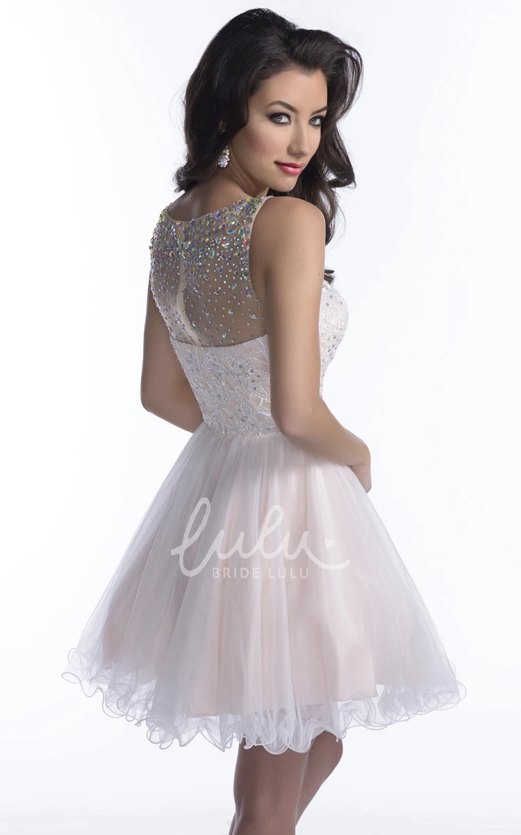 A-Line Lace and Tulle Mini Prom Dress with Rhinestone Top Unique Prom Dress Women