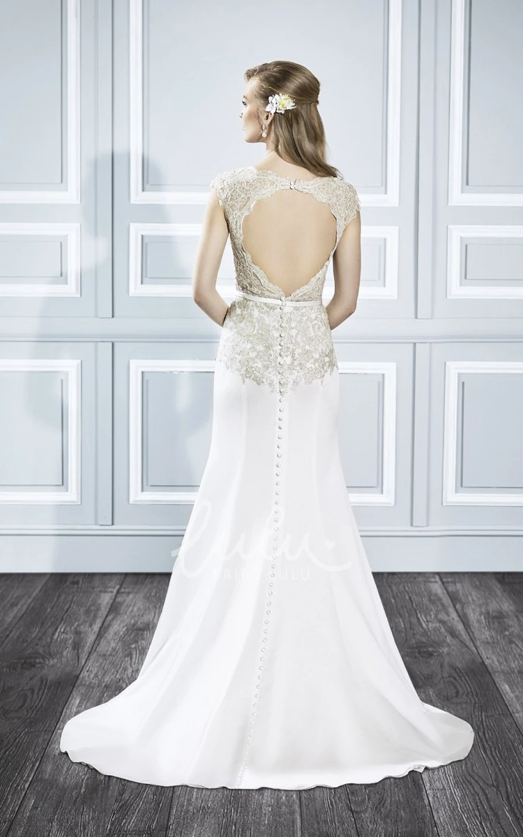 Jewel Appliqued Sheath Wedding Dress with Keyhole Back and Sweep Train