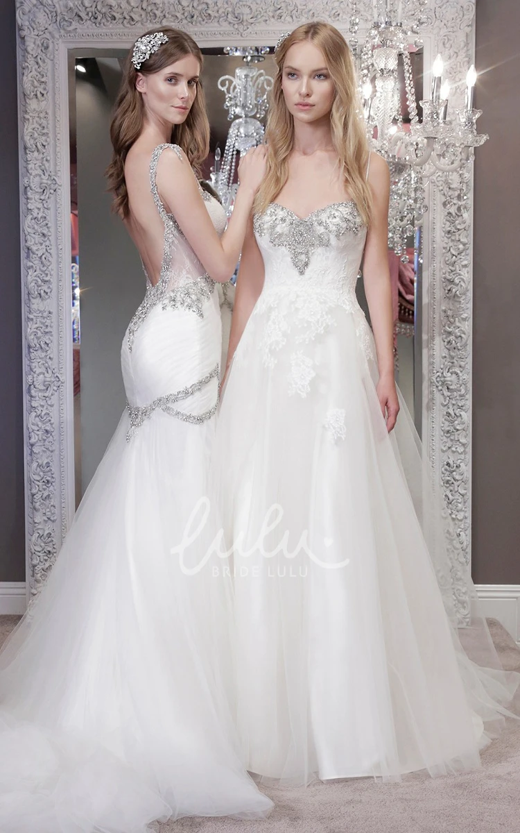 A-Line Beaded Tulle Wedding Dress with Backless Style and Ruching Simple and Classy Bridal Gown