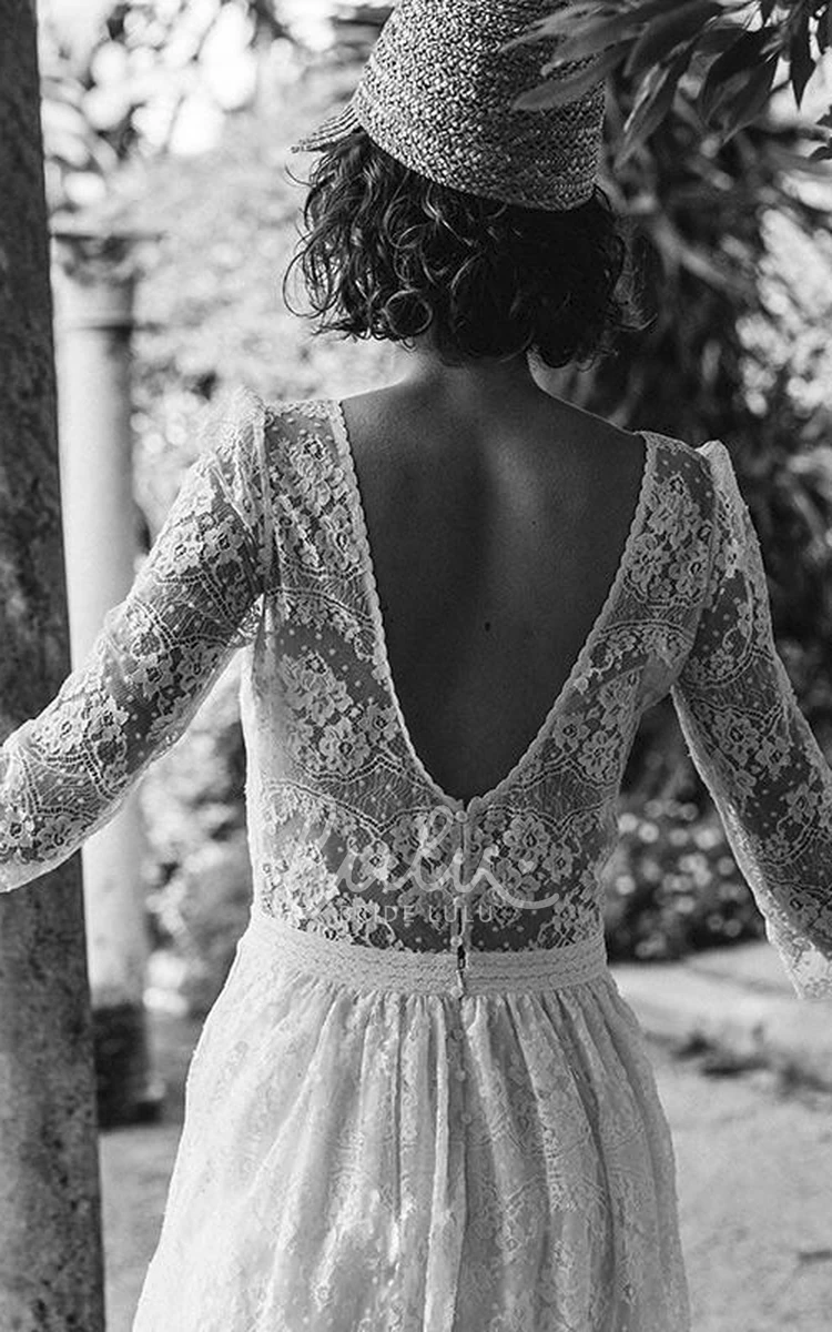 Tea-length Vintage Lace Wedding Dress with V-back and Scoop Neck