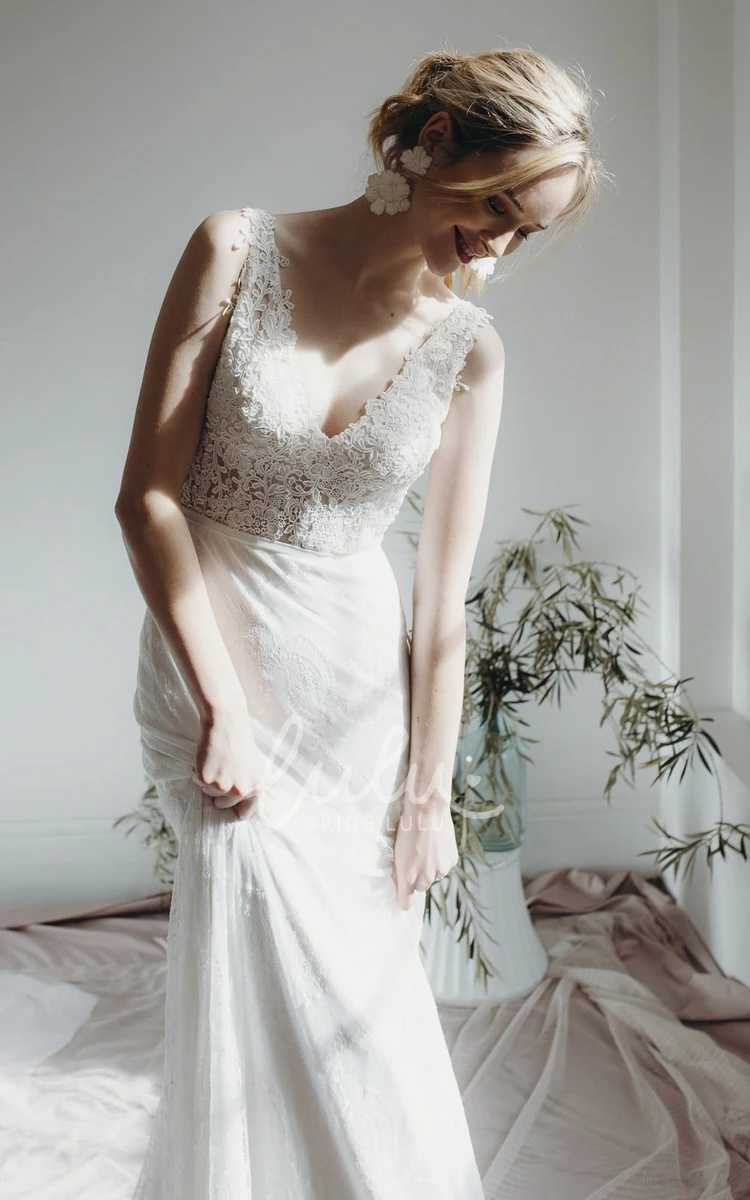 Sleeveless Lace Sheath Wedding Dress with Plunging V-neck and Deep V-back Buttons