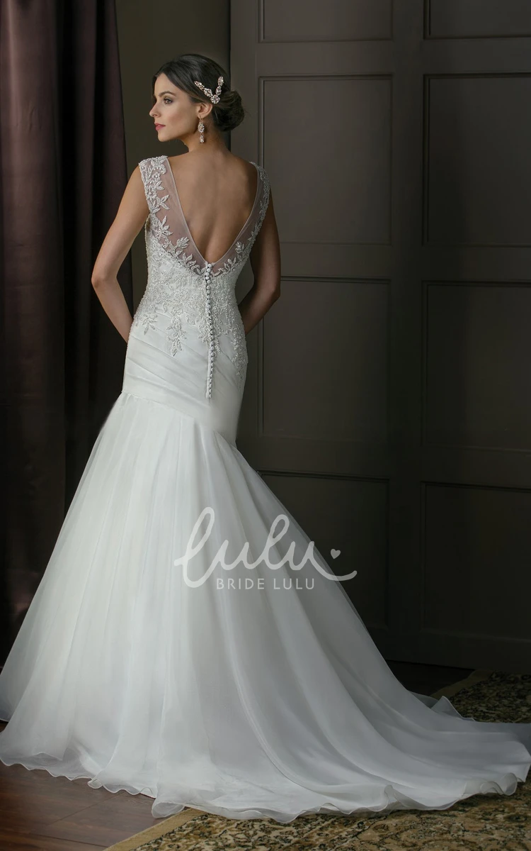 Mermaid Gown with Cap Sleeves Beadings and Deep V-Back Classy Bridal Dress