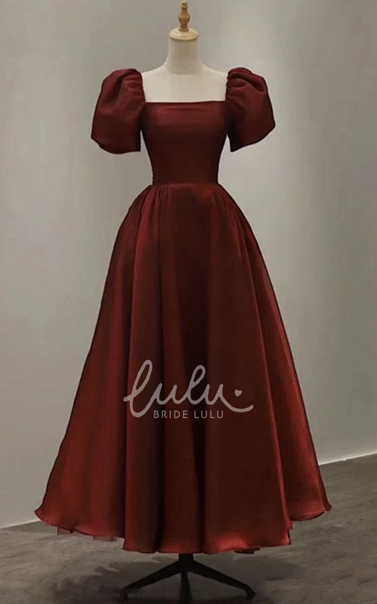 Ankle-Length Satin A-Line Formal Dress with Ruching Vintage & Short Sleeve