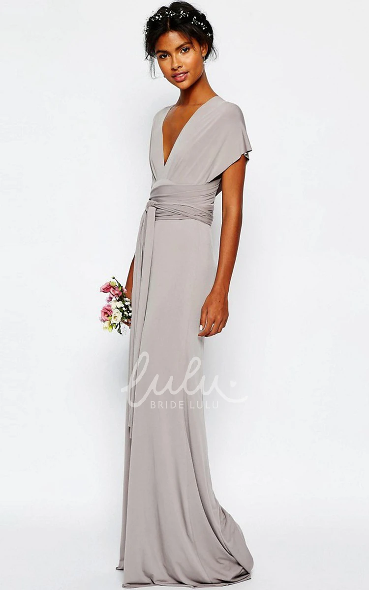 Short-Sleeve Jersey Bridesmaid Dress Sheath Floor-Length Sash