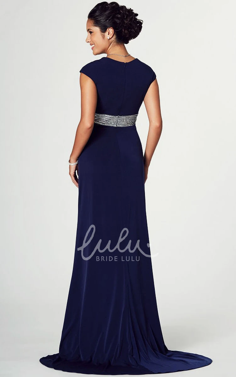 Jeweled V-Neck Cap Sleeve Jersey Prom Dress with Brush Train