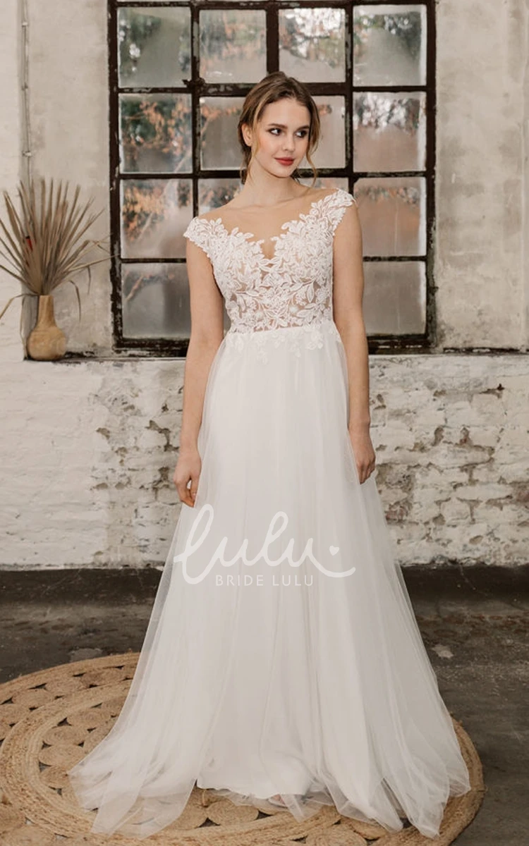 A-Line Charming Low V-Neck Floor Length Adorable Keyhole Tulle Lace Appliqued Wedding Dress