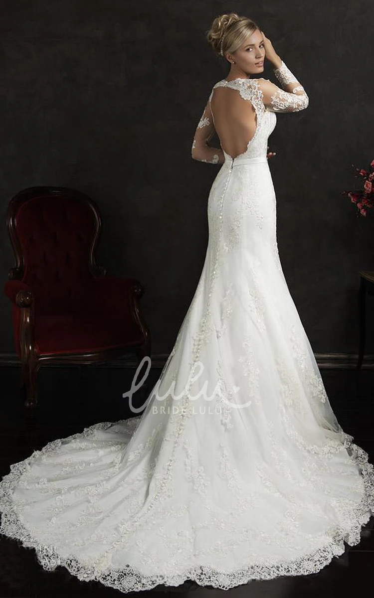 Lace A-Line Court Train Wedding Dress with Bell Sleeves and Keyhole Back