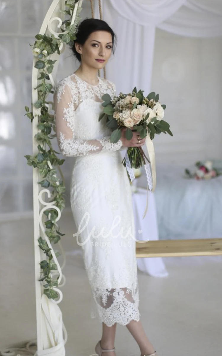 Sheath Ankle-length Wedding Dress with Illusion Lace Applique Illusion Lace Appliqued Split Sheath Wedding Dress