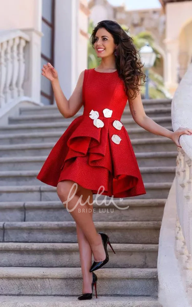 Knee-length A-line Satin Homecoming Dress with Bateau Neckline and Flower Ruffles