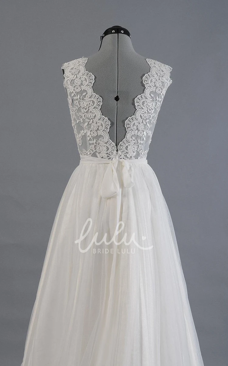 A-Line Alencon Lace Tulle Wedding Dress with V-Neck and Sleeveless