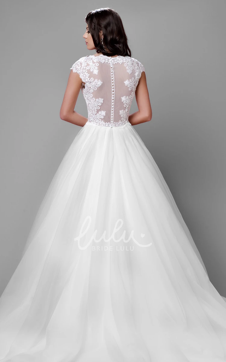 Illusion Back Tulle Cap Sleeve A-Line Wedding Dress