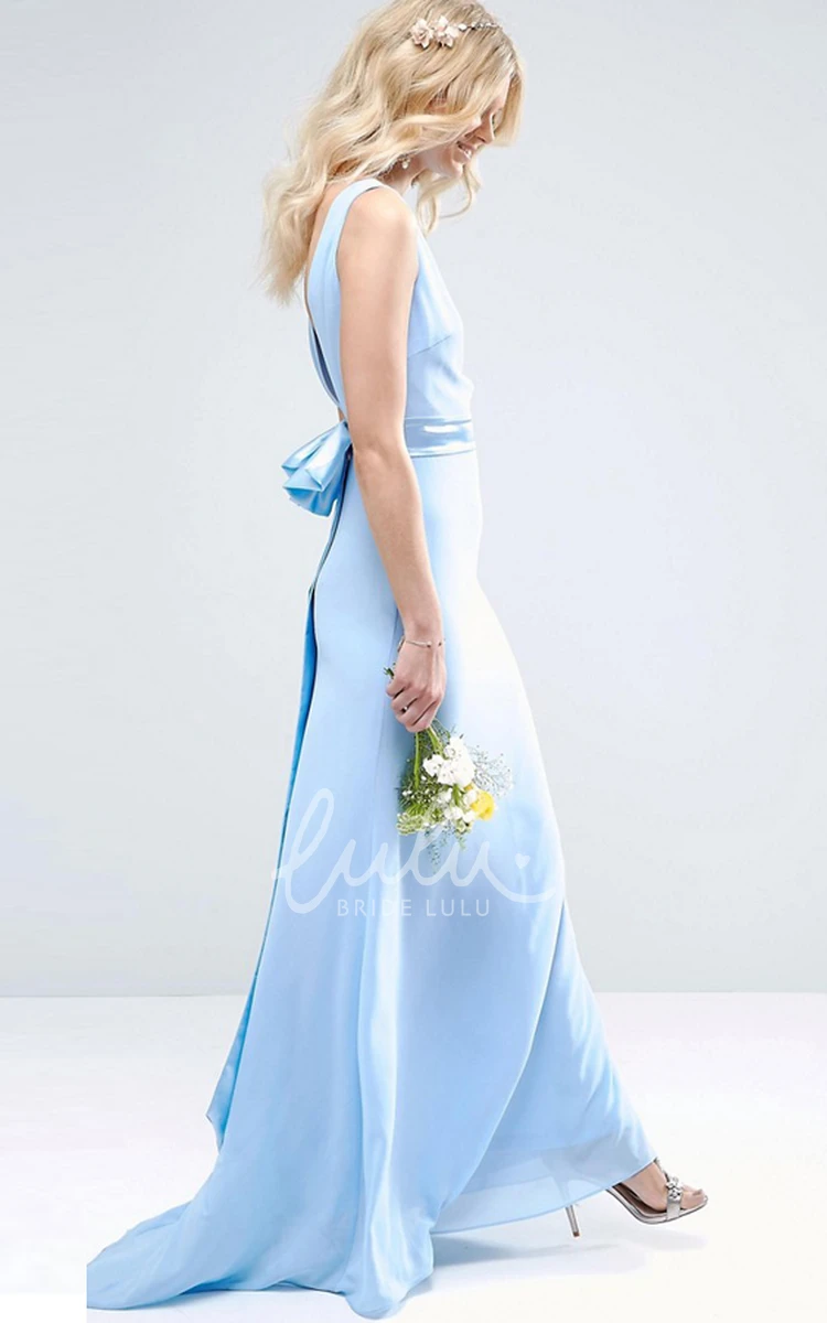 High Neck Sleeveless Chiffon Bridesmaid Dress with Bow Sheath Style