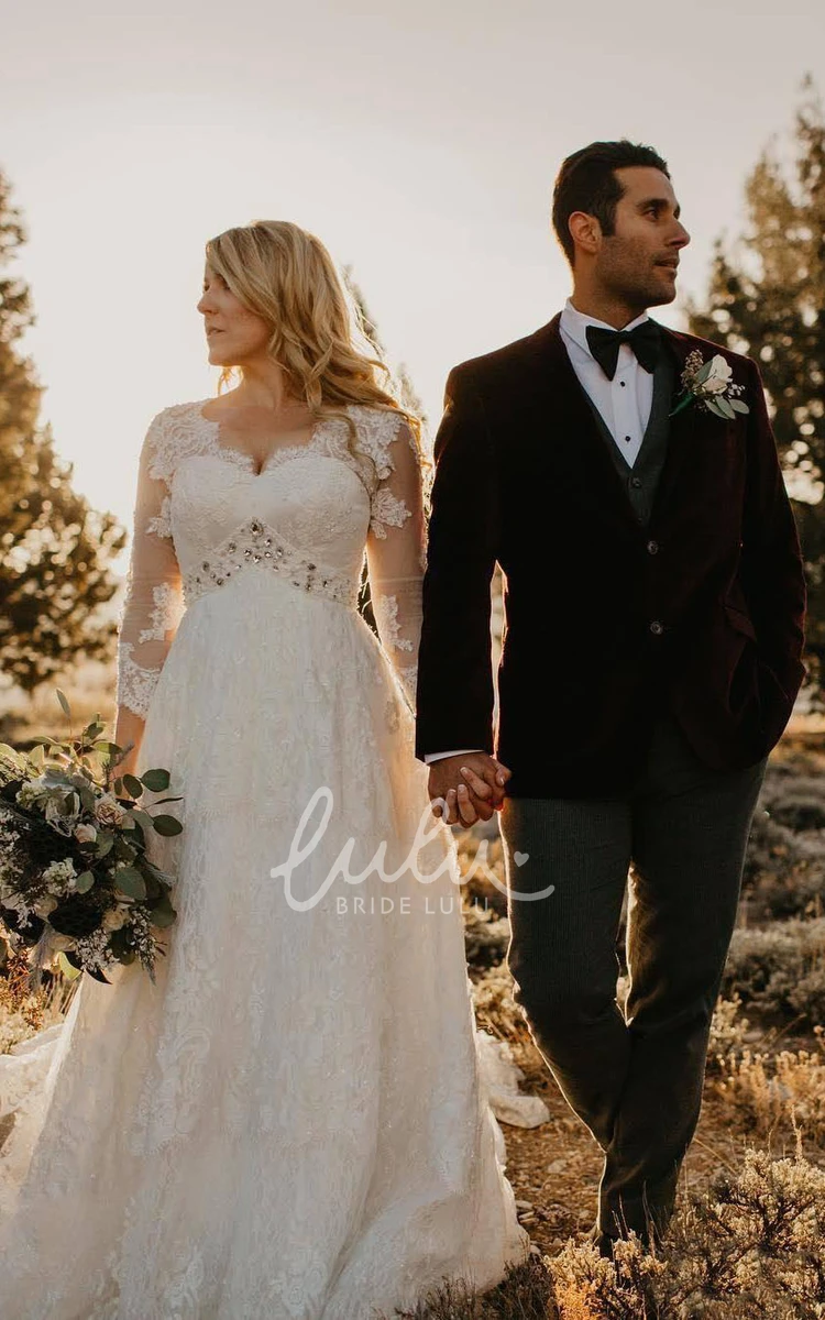 Modest Romantic A-Line Boho Lace Wedding Dress with Sleeves Elegant Sparkly Beading Tulle Sweep Train Bridal Gown
