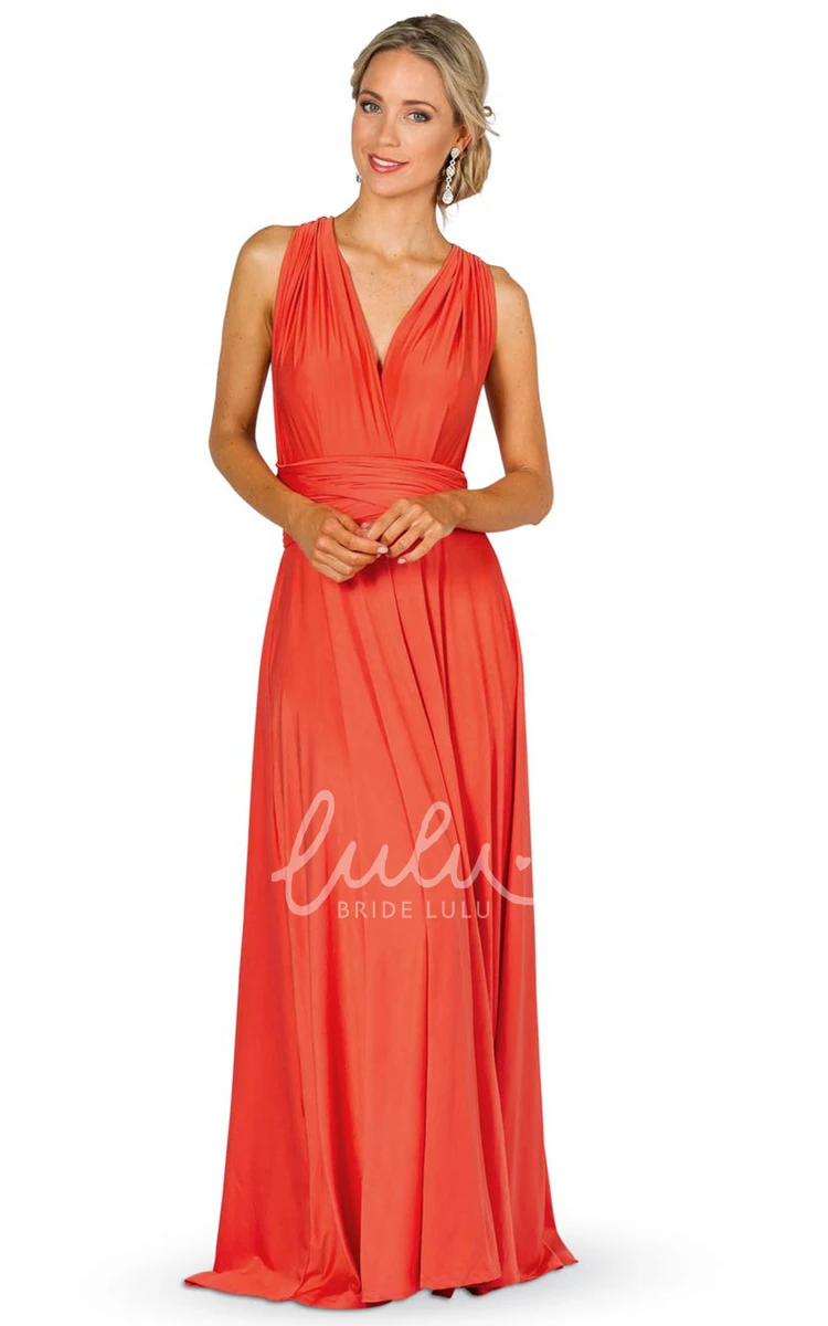 V-Neck Sleeveless Convertible Bridesmaid Dress Maxi Chiffon with Ruching