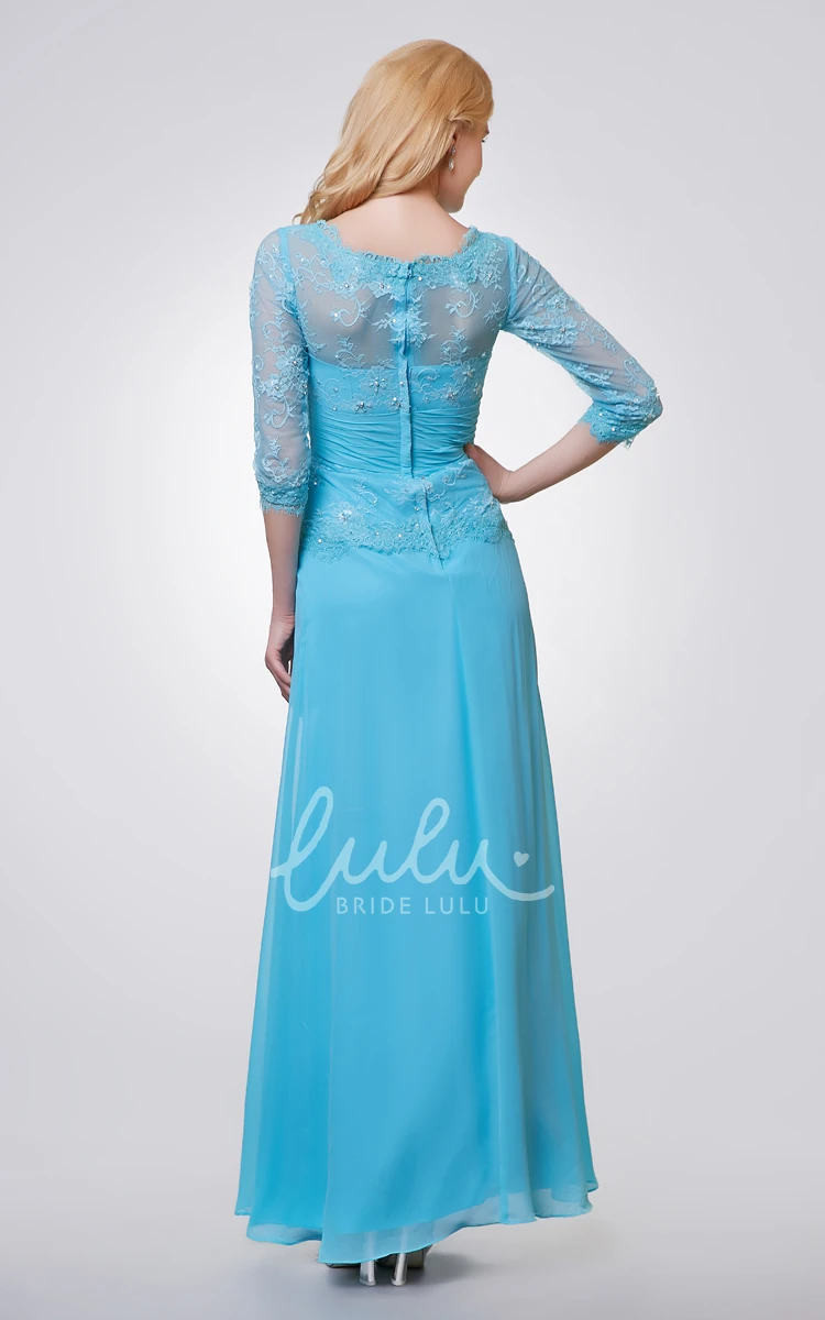 Long Lace and Chiffon Formal Dress with Side Draping 3/4 Sleeves