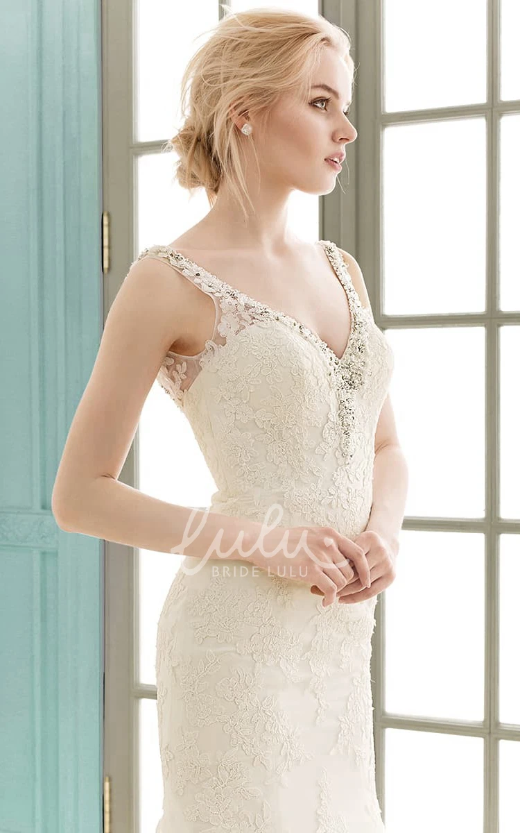 V-Neck Sheath Lace Wedding Dress with Crystal Detailing and Appliques