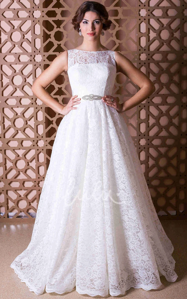 A-Line Lace Sleeveless Wedding Dress with Bateau-Neck