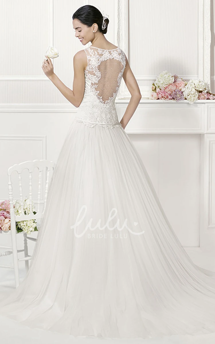 Tulle Drop Waist Bridal Gown with Jewel Neckline and Applique Top