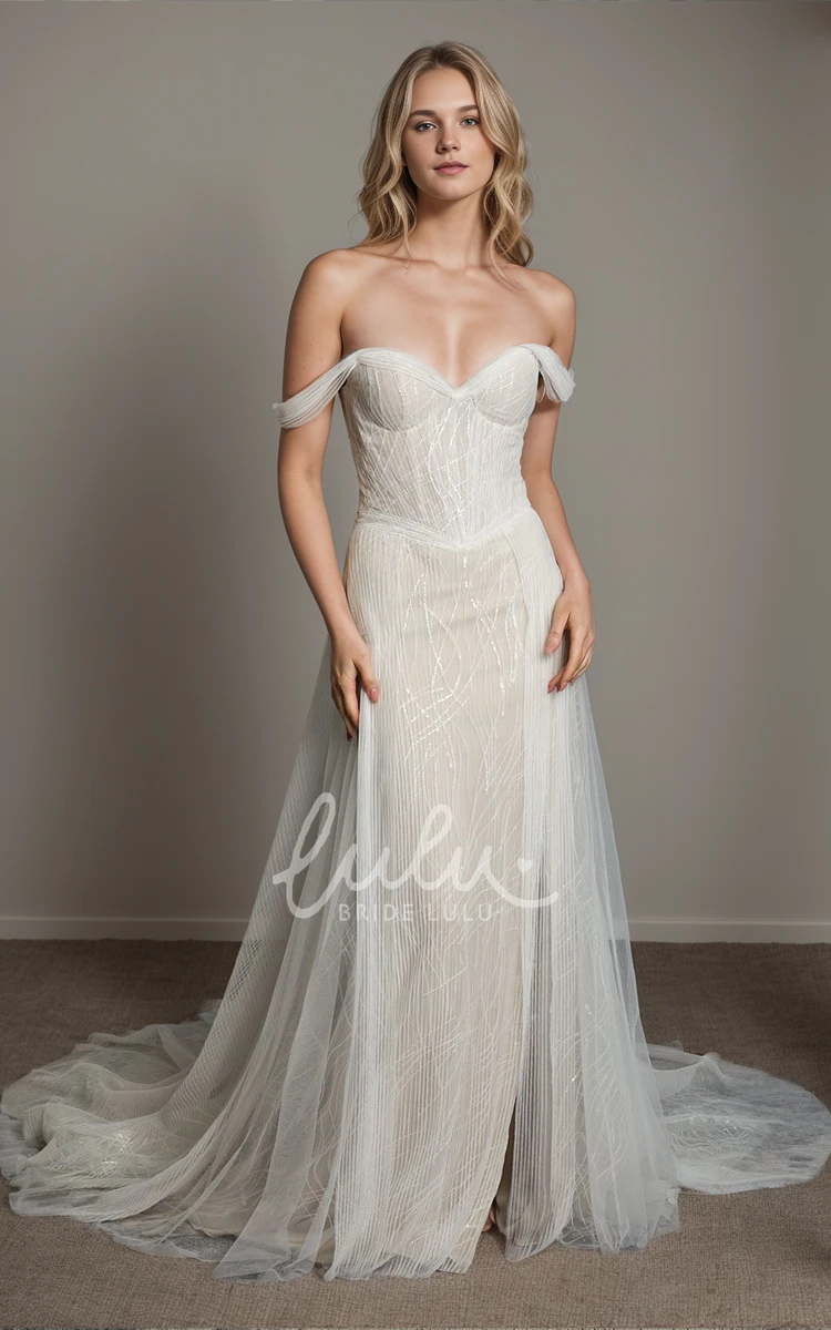 Modern Romantic Sheath Off-the-shoulder V-neck Pleats Tulle Wedding Dress Sexy Elegant Floor-length Court Train Sleeveless Zipper Low-V Back Split Front Bridal Gown