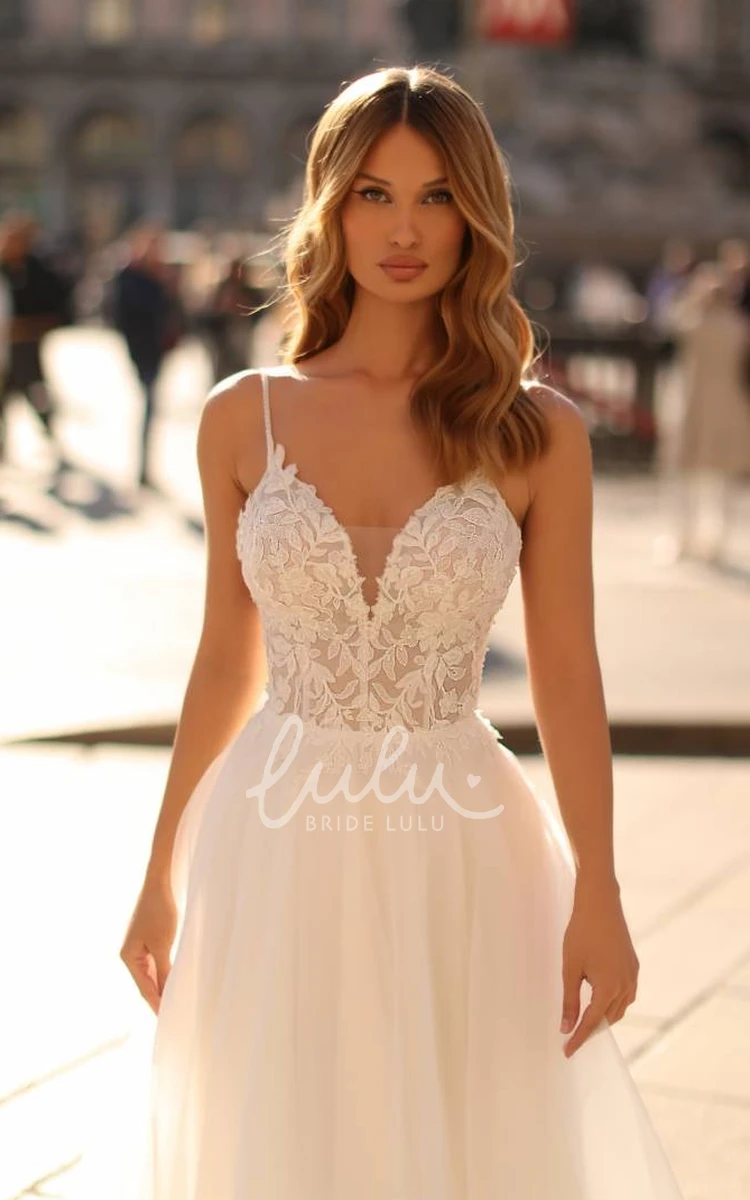 A-Line Halter Off-the-shoulder Spaghetti Lace Wedding Dress with Sleeveless