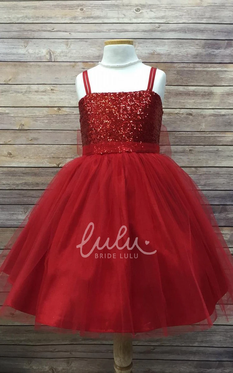 Spaghetti Tea-Length Sequin Tulle Flower Girl Dress