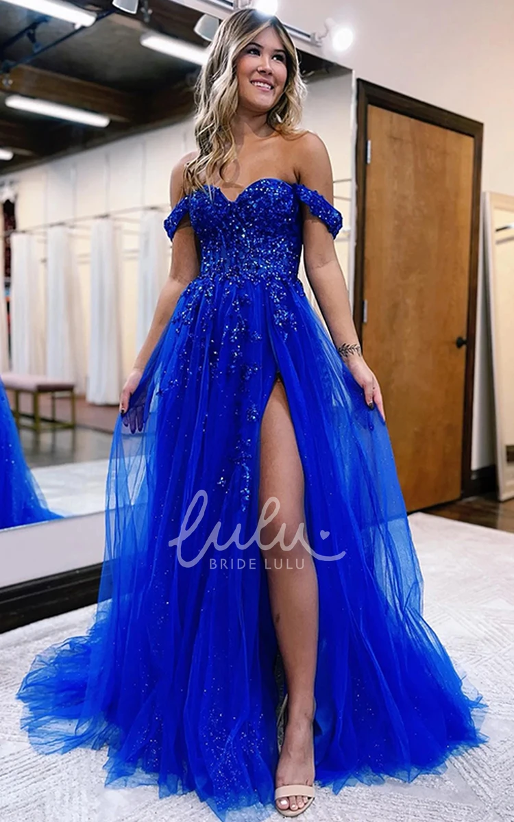 Lace Tulle Off-shoulder Prom Dress with Open Back Beach Style
