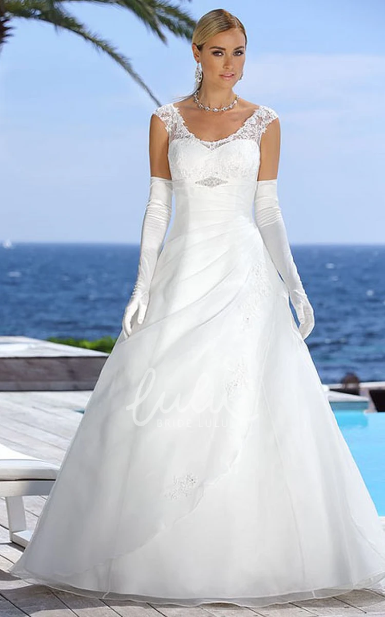 V-Neck Satin Wedding Dress with Draping Appliques and Illusion