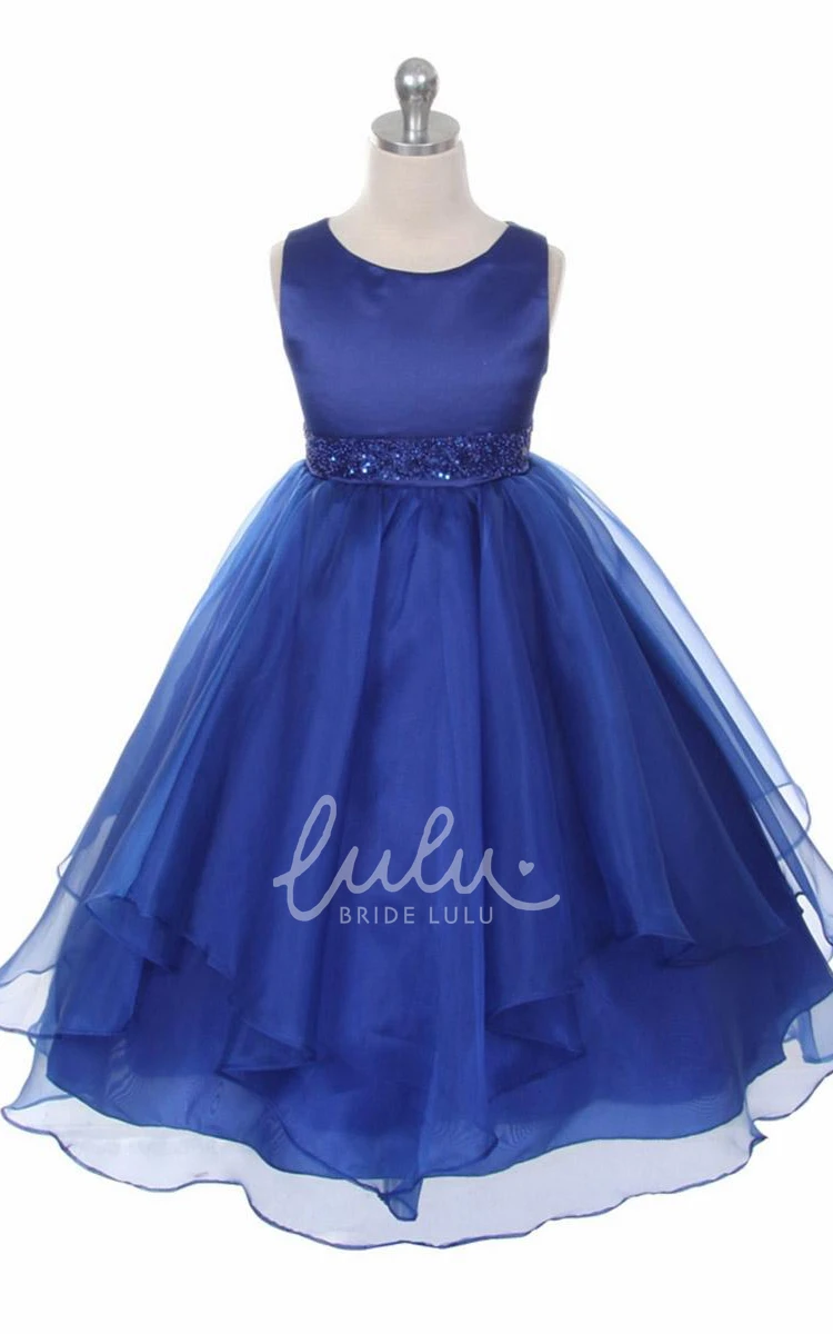 Tiered Sequins&Organza Flower Girl Dress With Sash Tea-Length