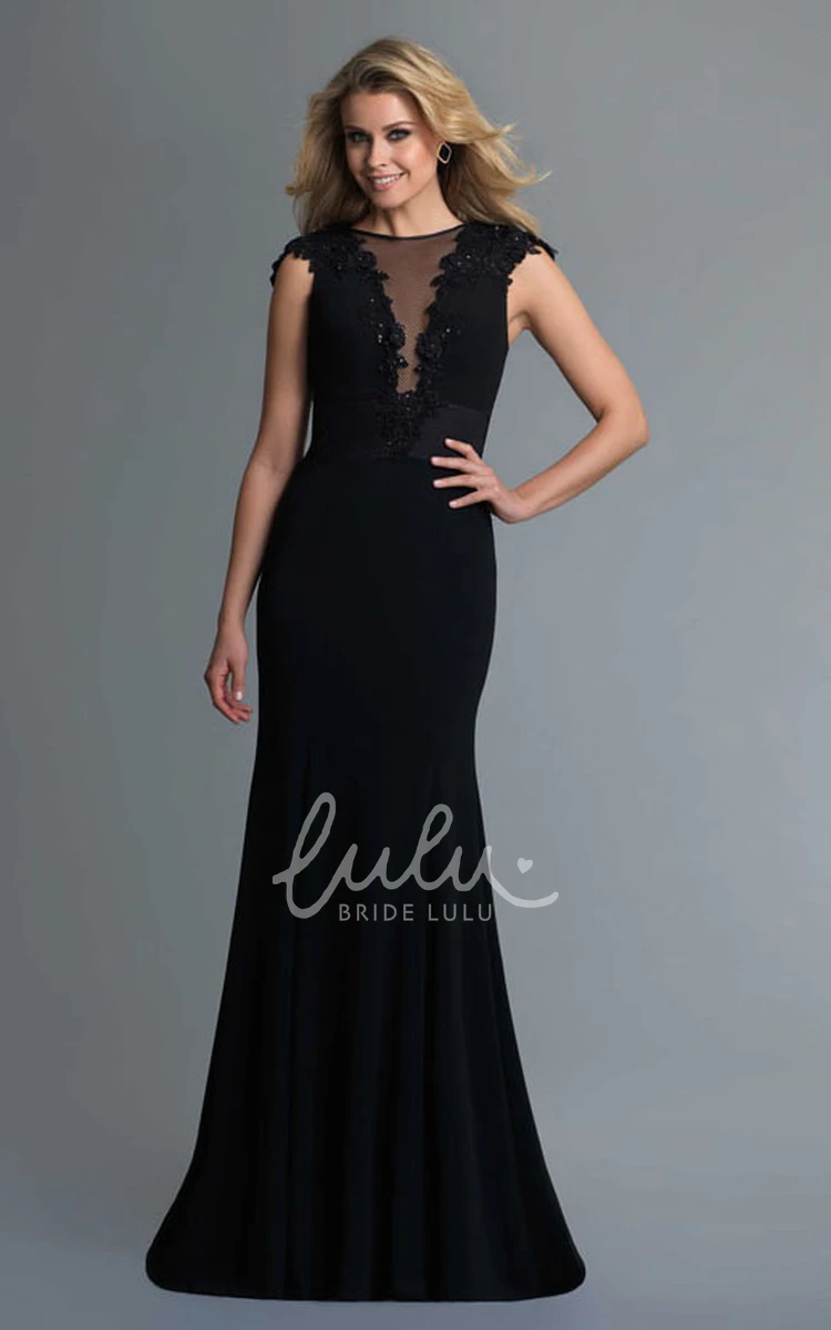 Illusion Jersey Cap-Sleeve Sheath Bridesmaid Dress with Appliques