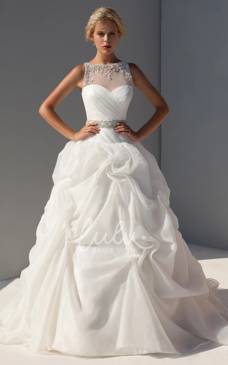 Organza Wedding Dress with Beading and Ruching Ball Gown Jewel-Neck Pick-Up Floor-Length