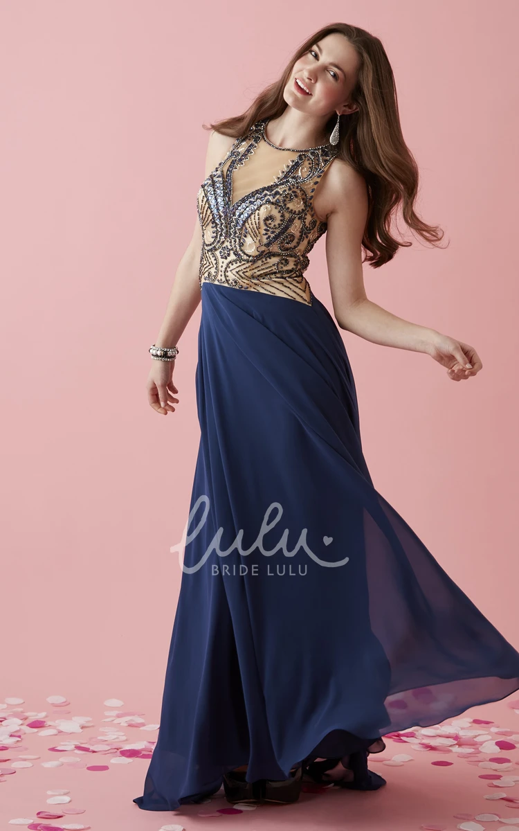 Long Chiffon Illusion Dress with Beading A-Line Scoop-Neck