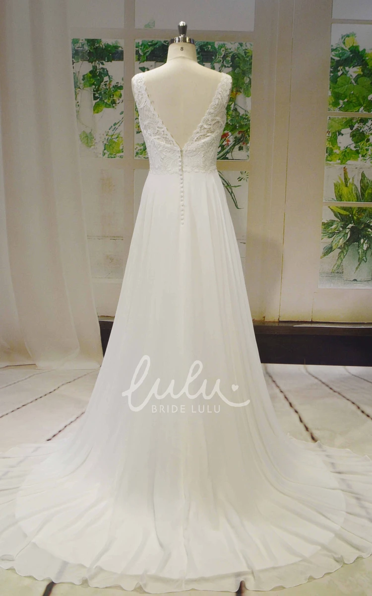 Chiffon A-Line Wedding Dress with Lace Top and V-Neck Sleeveless