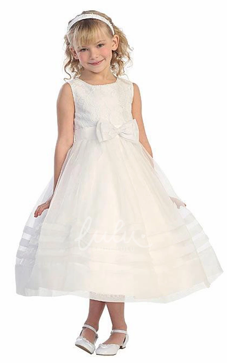 Lace Tea-Length Tiered Organza Flower Girl Dress with Pleats