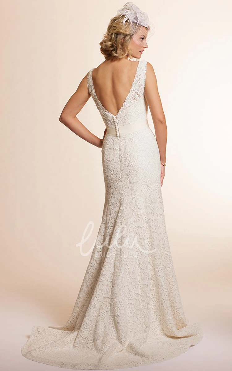 Lace V-Neck Sleeveless Wedding Dress with V-Back Sheath Bridal Gown