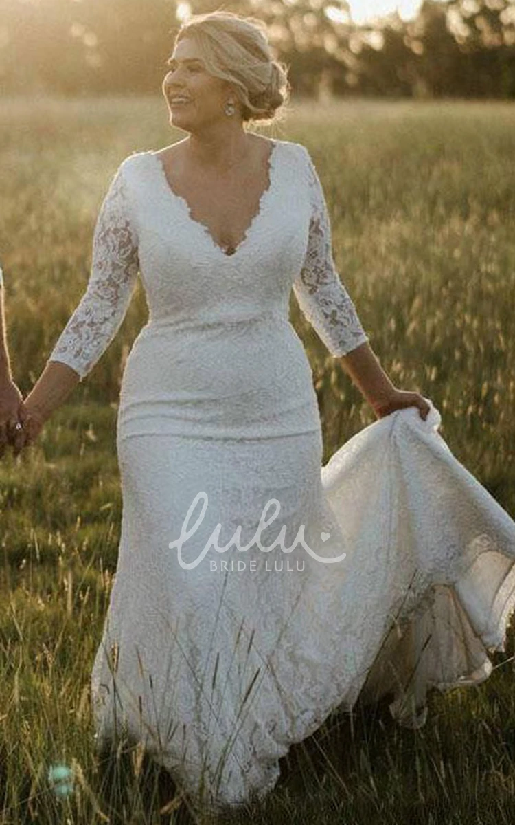 Ethereal Lace V-neck Mermaid Court Train Wedding Dress with Illusion Sleeves