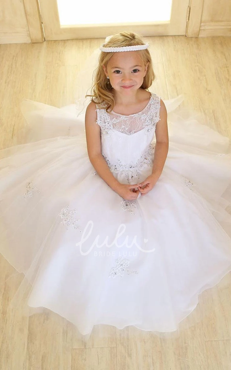 Beaded Tulle&Lace Flower Girl Dress with Illusion Unique Bridesmaid Dress