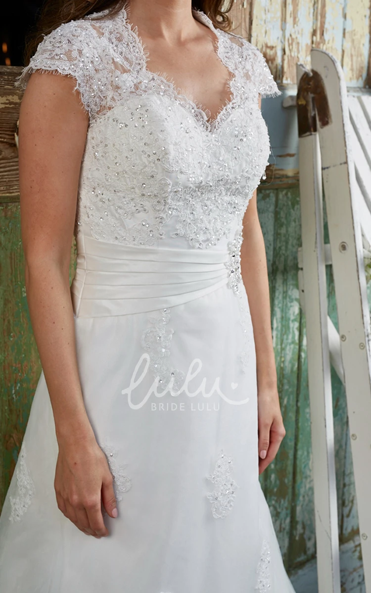 A-Line Cap-Sleeve Beaded V-Neck Lace Wedding Dress With Keyhole Modern Bridal Gown 2024