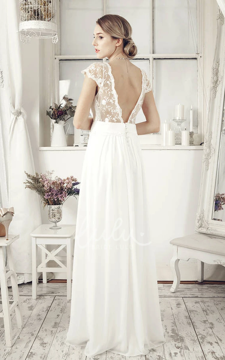 Embroidered V-Neck Chiffon Sheath Wedding Dress with Cap-Sleeves