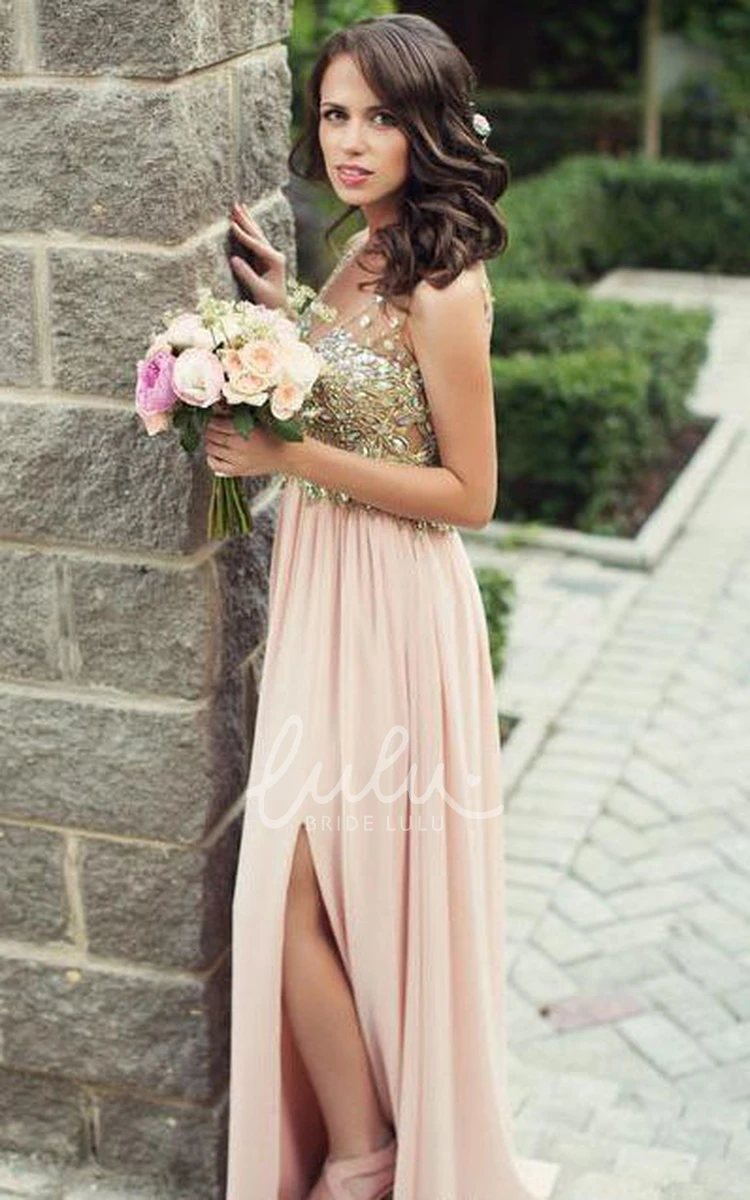 Chiffon A-line V-neck Bell Beaded Bridesmaid Dress with Split