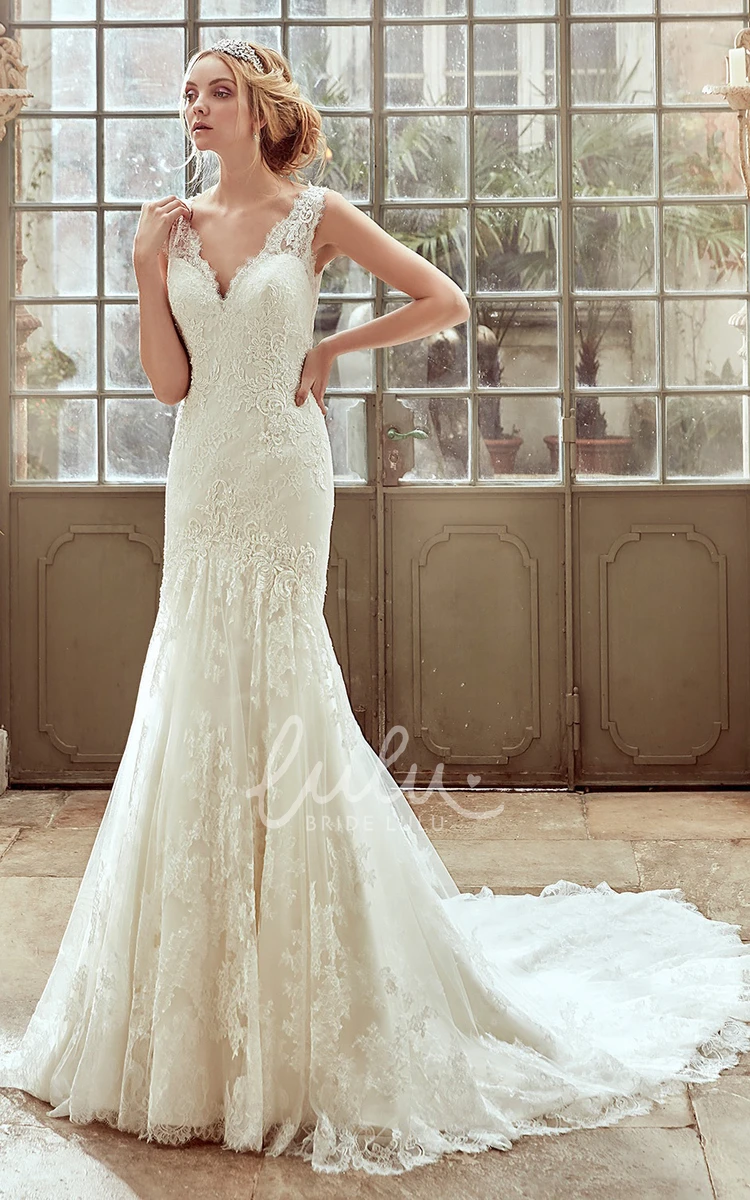 Chapel Train Lace Wedding Dress with Strap Neck Gorgeous Bridal Gown