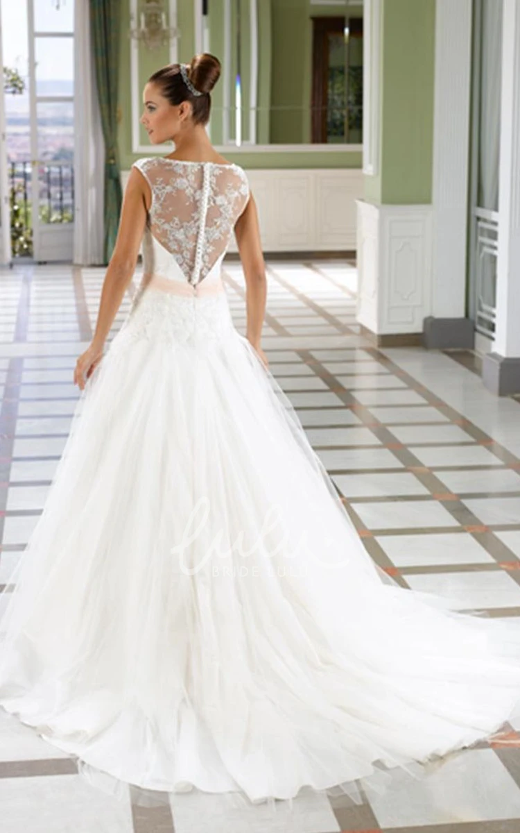 Lace Illusion Back A-Line Wedding Dress with Court Train and Square Neckline