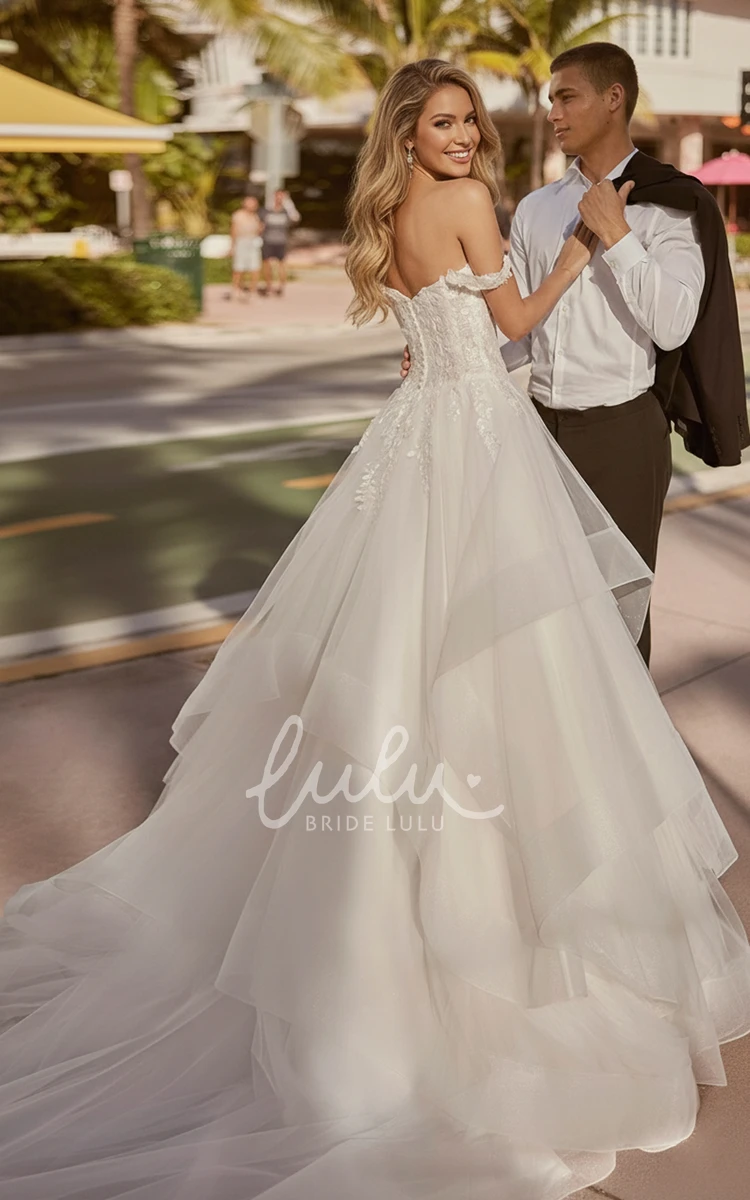 A Line Tulle Wedding Dress Off Shoulder Sweetheart Neck Lace Applique Layered Skirt Bridal Gown Court Train
