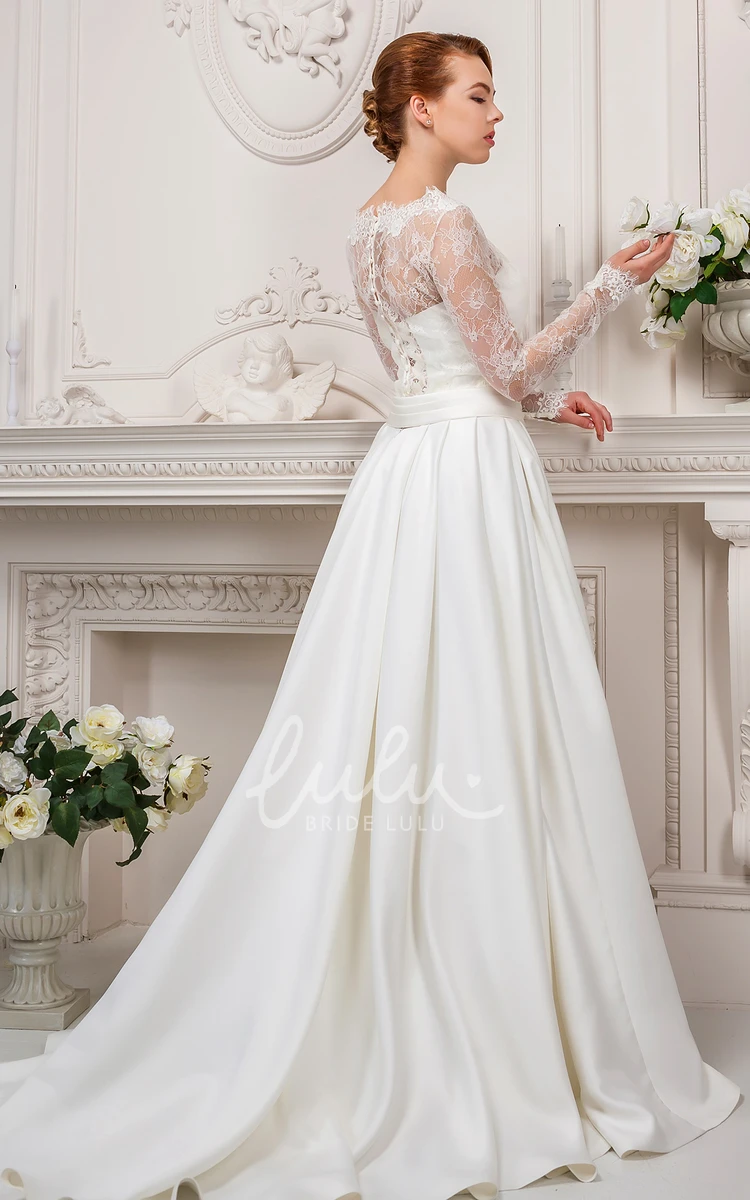 Satin&Lace Long-Sleeve Wedding Dress A-Line High Neck
