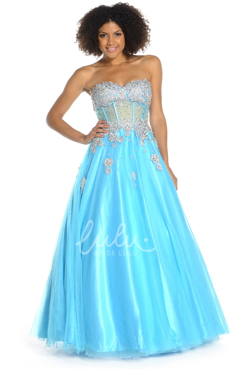 Sweetheart A-Line Beaded Tulle&Satin Prom Dress with Pleats Floor Length